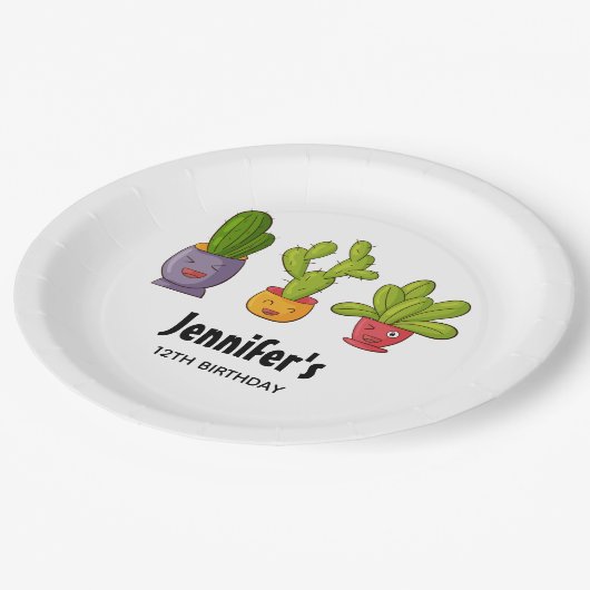 Drie Cute Cactus in Flower Pots Fun Birthday Papieren Bordje (Gekanteld)
