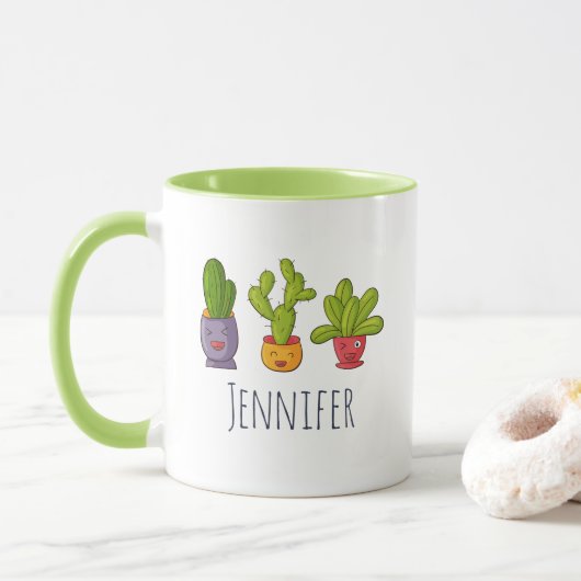 Drie Cute Cactus in Flower Pots Illustration Mok (Met donut)