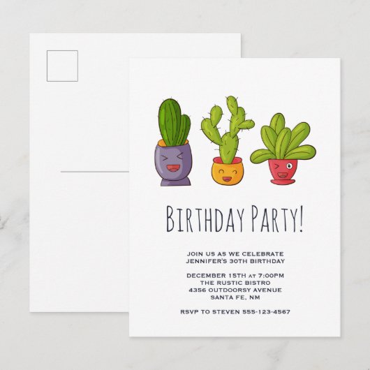 Drie Cute Cactus in Flower Pots Illustration Uitnodiging Briefkaart (Voorkant / Achterkant)