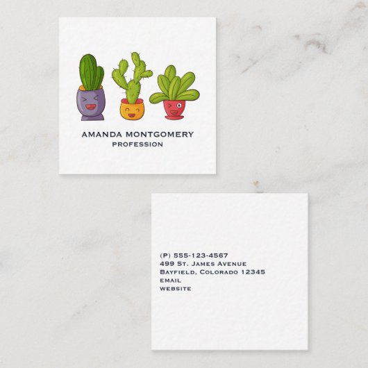 Drie Cute Cactus in Flower Pots Illustration Vierkante Visitekaartje (Voorkant / Achterkant)