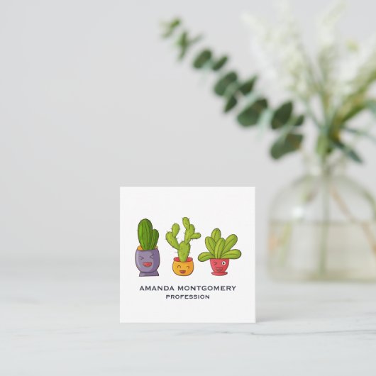 Drie Cute Cactus in Flower Pots Illustration Vierkante Visitekaartje (Staand voorkant)