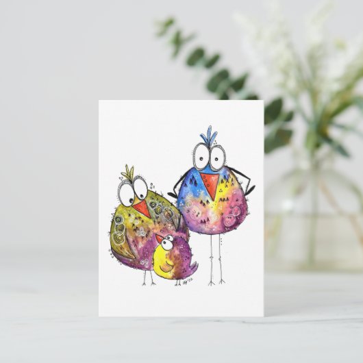 Drie Cute Whimsical Colorful Birds Briefkaart (Staand voorkant)