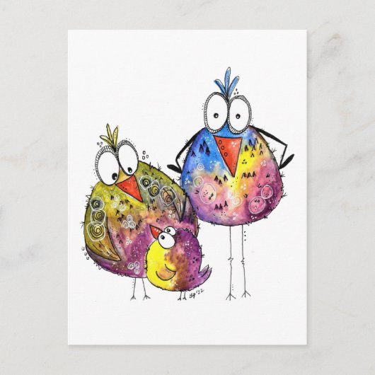 Drie Cute Whimsical Colorful Birds Briefkaart (Voorkant)