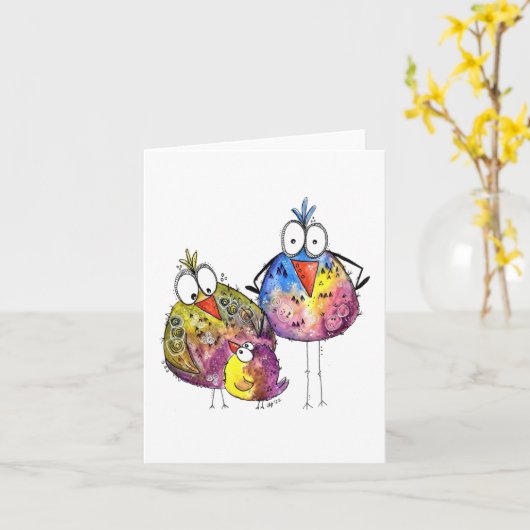 Drie Cute Whimsical Colorful Birds Kaart (Gele Bloem)