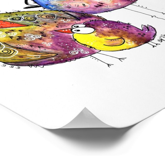 Drie Cute Whimsical Colorful Birds Poster (Hoek)