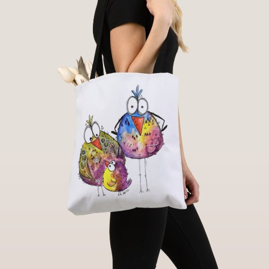 Drie Cute Whimsical Colorful Birds Tote Bag (Dichtbij)