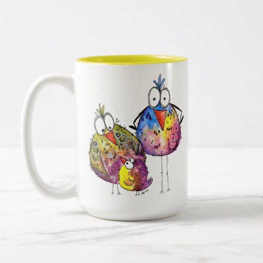 Drie Cute Whimsical Colorful Birds Tweekleurige Koffiemok (Links)