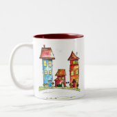 Drie Cute Whimsical-huizen Tweekleurige Koffiemok (Links)