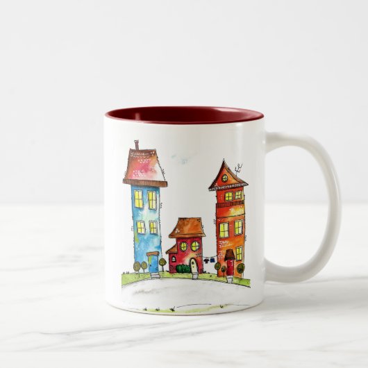 Drie Cute Whimsical-huizen Tweekleurige Koffiemok (Rechts)