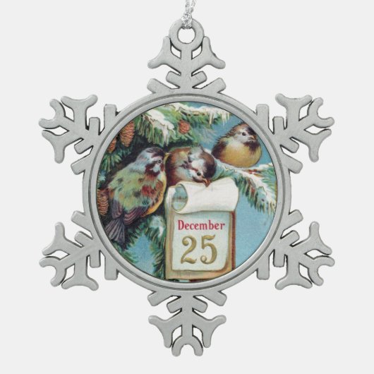 Drie Cute Winter Birds December 25 Tin Sneeuwvlok Ornament (Voorkant)