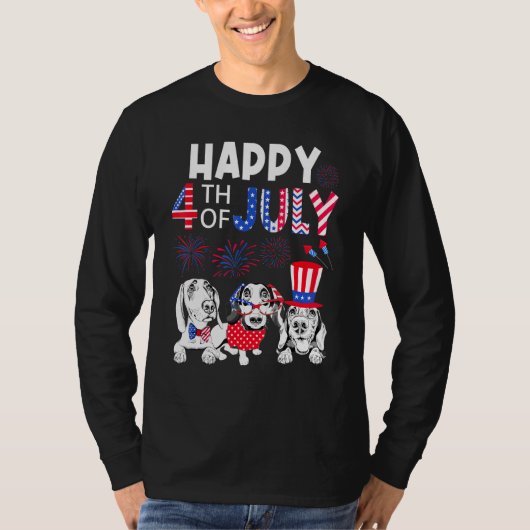 Drie Dachshund Happy 4th van juli Amerikaanse vlag T-shirt (Voorkant)