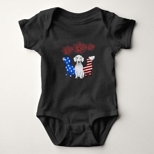 Drie Dachshunds American Flag Color 4 juli Romper (Voorkant)