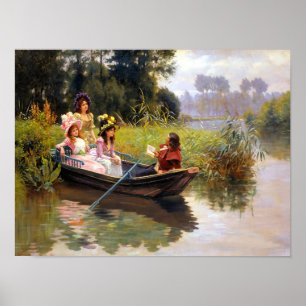Drie dames en een man in een boot kunst poster