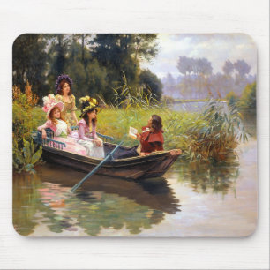 Drie dames en een man in een boot muismat