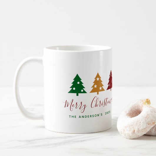 Drie dennenboom sneeuwvlokken sterren vrolijk kers koffiemok (Met donut)