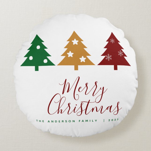 Drie dennenboom sneeuwvlokken sterren vrolijk kers rond kussen (Voorkant)