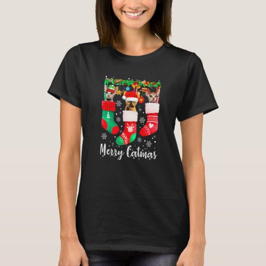 Drie Devon Rex kat in sok Katten Kerstfeest kat T-shirt (Voorkant)