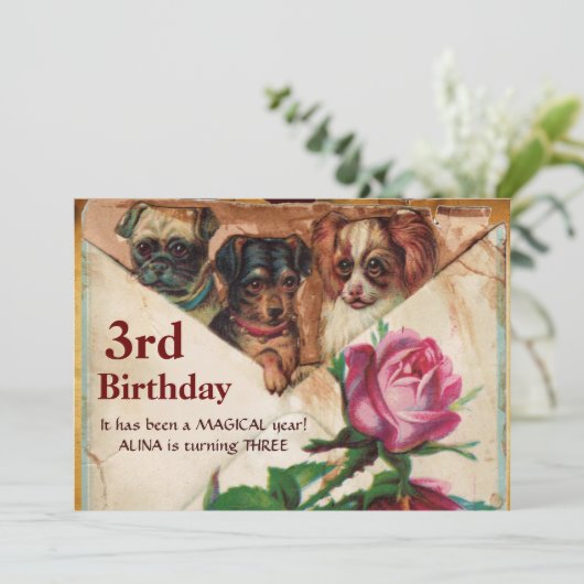 DRIE DOGGIEËN MET ROZEN, 3e zeedaags perkament Kaart (Staand voorkant)