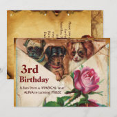 DRIE DOGGIEËN MET ROZEN, 3e zeedaags perkament Kaart (Voorkant / Achterkant)