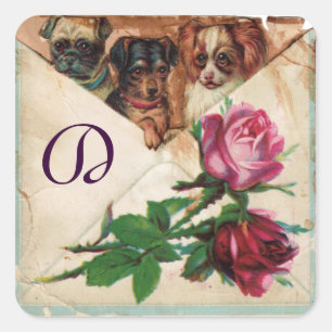 DRIE DOGGIEËN MET ROZEN MONOGRAM VIERKANTE STICKER