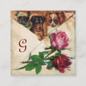 DRIE DOGGIEËN MET ROZEN, perkament, monogram Vierkante Visitekaartje (Achterkant)