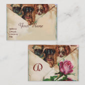 DRIE DOGGIEËN MET ROZEN, perkament, monogram Visitekaartje (Voorkant / Achterkant)