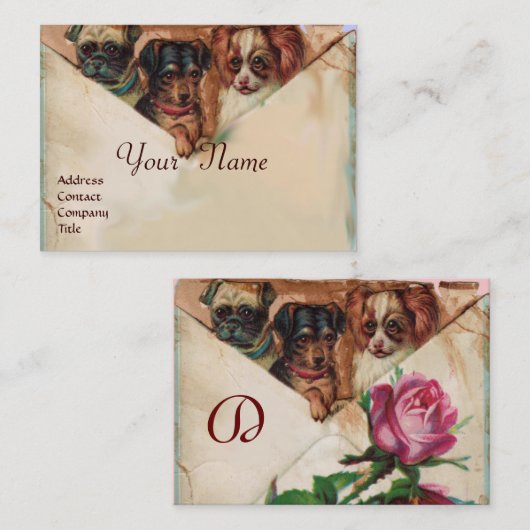 DRIE DOGGIEËN MET ROZEN, perkament, monogram Visitekaartje (Voorkant / Achterkant)