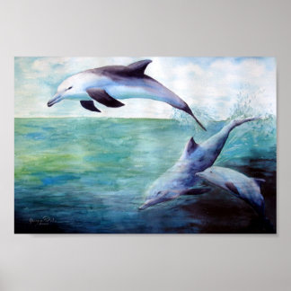 drie dolfijnenafdrukken waterverf poster