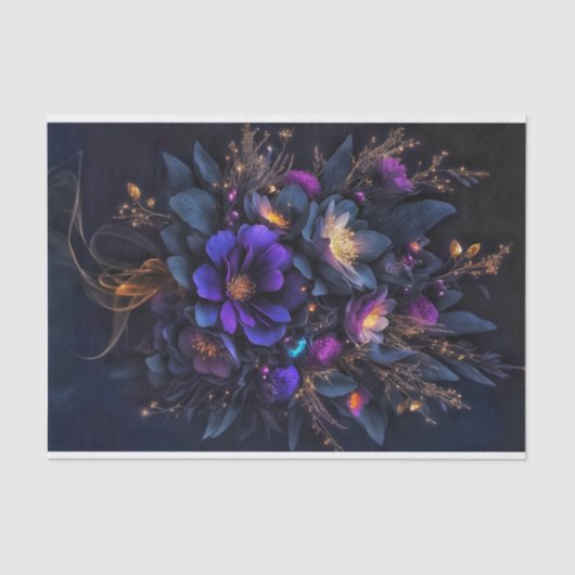 Drie donkere bloemen bestrooid met gouden vonken tissuepapier (Voorkant)