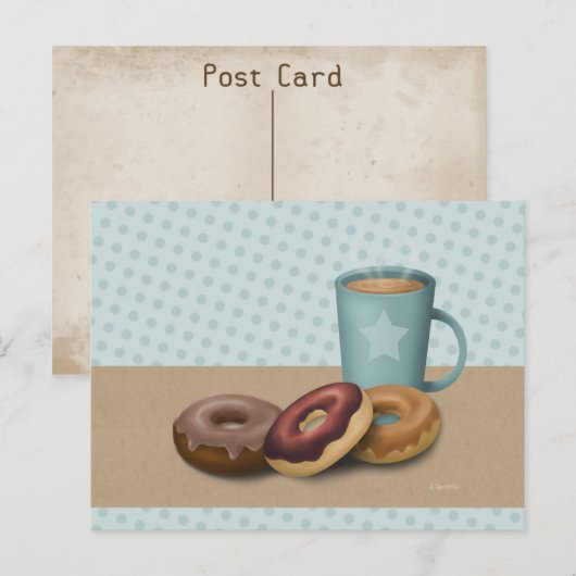 Drie donuts en een koffiepostkaart briefkaart (Voorkant / Achterkant)