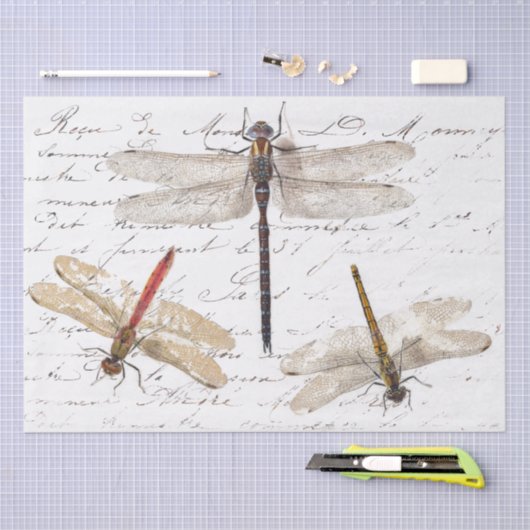 Drie Dragonfly Franse Script Decoupage  Tissuepapier (Craft)