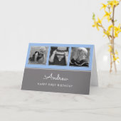 Drie eerste verjaardag foto collage blauw kaart (Gele Bloem)