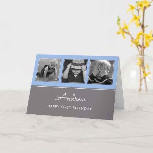 Drie eerste verjaardag foto collage blauw kaart (Gele Bloem)