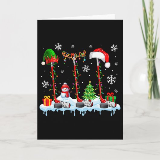 Drie Elf Santa Rendier Hockey Uitrustingen Xmas Pl Kaart (Voorkant)