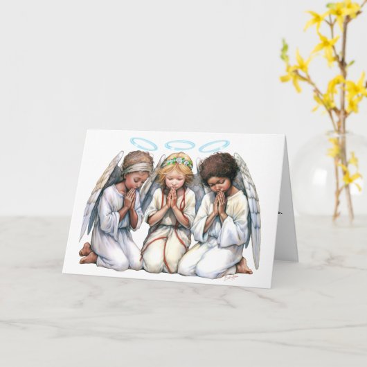 Drie engelen van kleur in gebed Kerstmis Kaart (Gele Bloem)