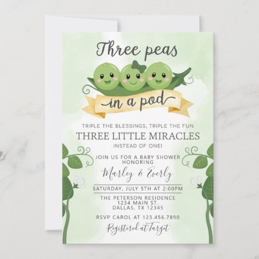 Drie erwten in een Pod Baby shower Invitation Trip Kaart (Voorkant)