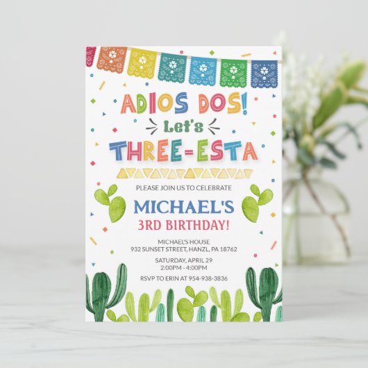 Drie Esta Birthday Uitnodiging (Staand voorkant)