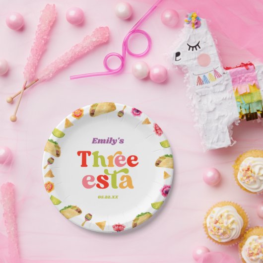 Drie Esta Fiesta Taco Dinsdag 3e Verjaardagsfeest Papieren Bordje (Feest)