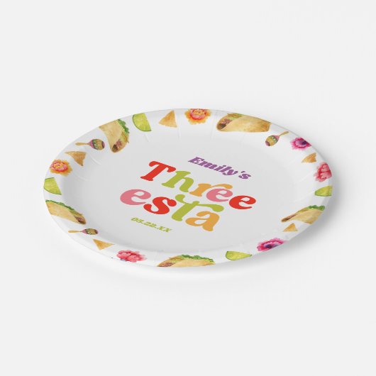 Drie Esta Fiesta Taco Dinsdag 3e Verjaardagsfeest Papieren Bordje (Gekanteld)