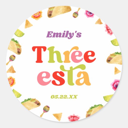 Drie Esta Fiesta Taco Dinsdag 3e Verjaardagsfeest Ronde Sticker (Voorkant)