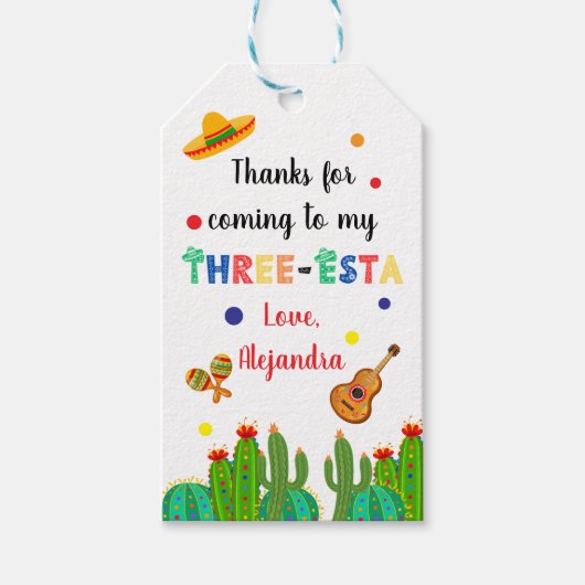 Drie-esta Mexicaanse Fiesta 3e verjaardag feest Cadeaulabel (Voorkant)
