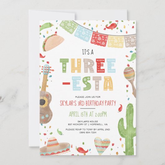 Drie-esta Mexicaanse Fiesta 3e Verjaardag Party Kaart (Voorkant)