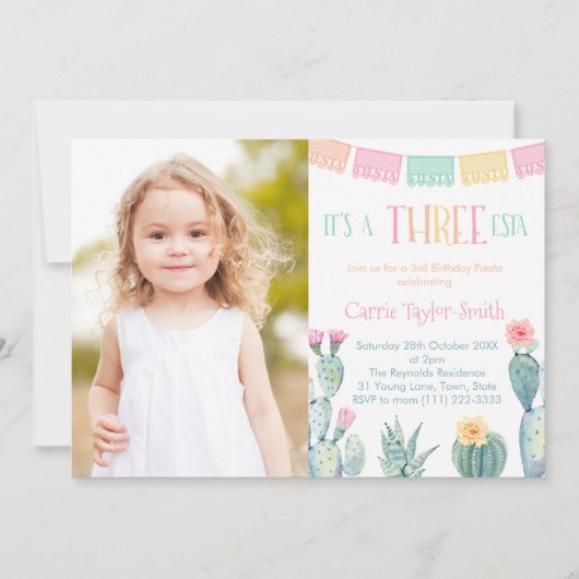 DRIE-esta Mexican Fiesta 3rd Birthday Party Photo Kaart (Voorkant)