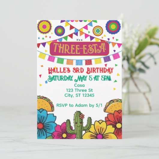 Drie-Esta verjaardagsfeestje Kaart (Staand voorkant)