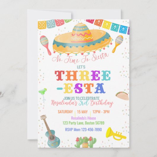 Drie-esta verjaardagsuitnodiging Fiesta 3e verjaar Kaart (Voorkant)