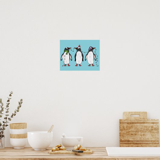 Drie feestelijke kerstpinguïns Illustratie Poster (Keuken)