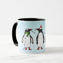 Drie feestelijke kerstpinguïns met aangepaste naam mok