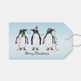 Drie feestelijke kerstpinguïns met aangepaste teks cadeaulabel
