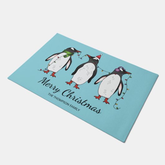 Drie feestelijke kerstpinguïns met aangepaste teks deurmat (Schuin)