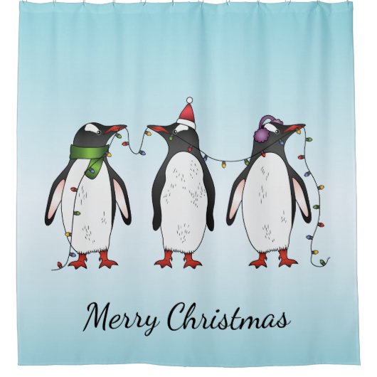 Drie feestelijke kerstpinguïns met aangepaste teks douchegordijn (Voorkant)